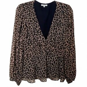 Pleione Leopard Print “Mob Wife” Puff Sleeve V-Neck Blouse XL